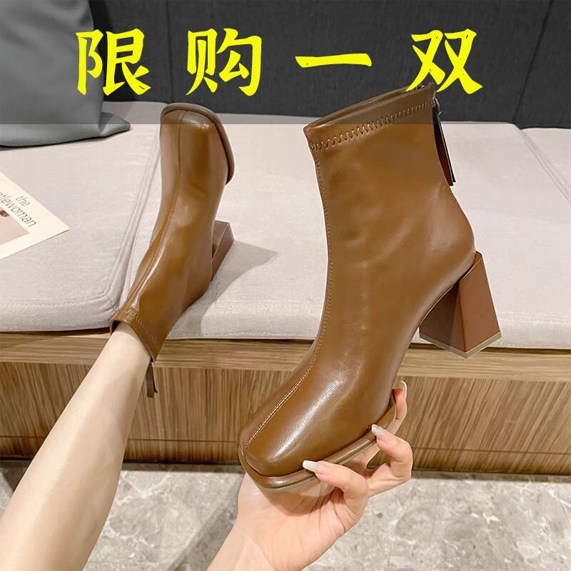 红蜻蜓牌真皮短靴女2023秋冬新款加绒方头粗跟马丁靴英伦风ins