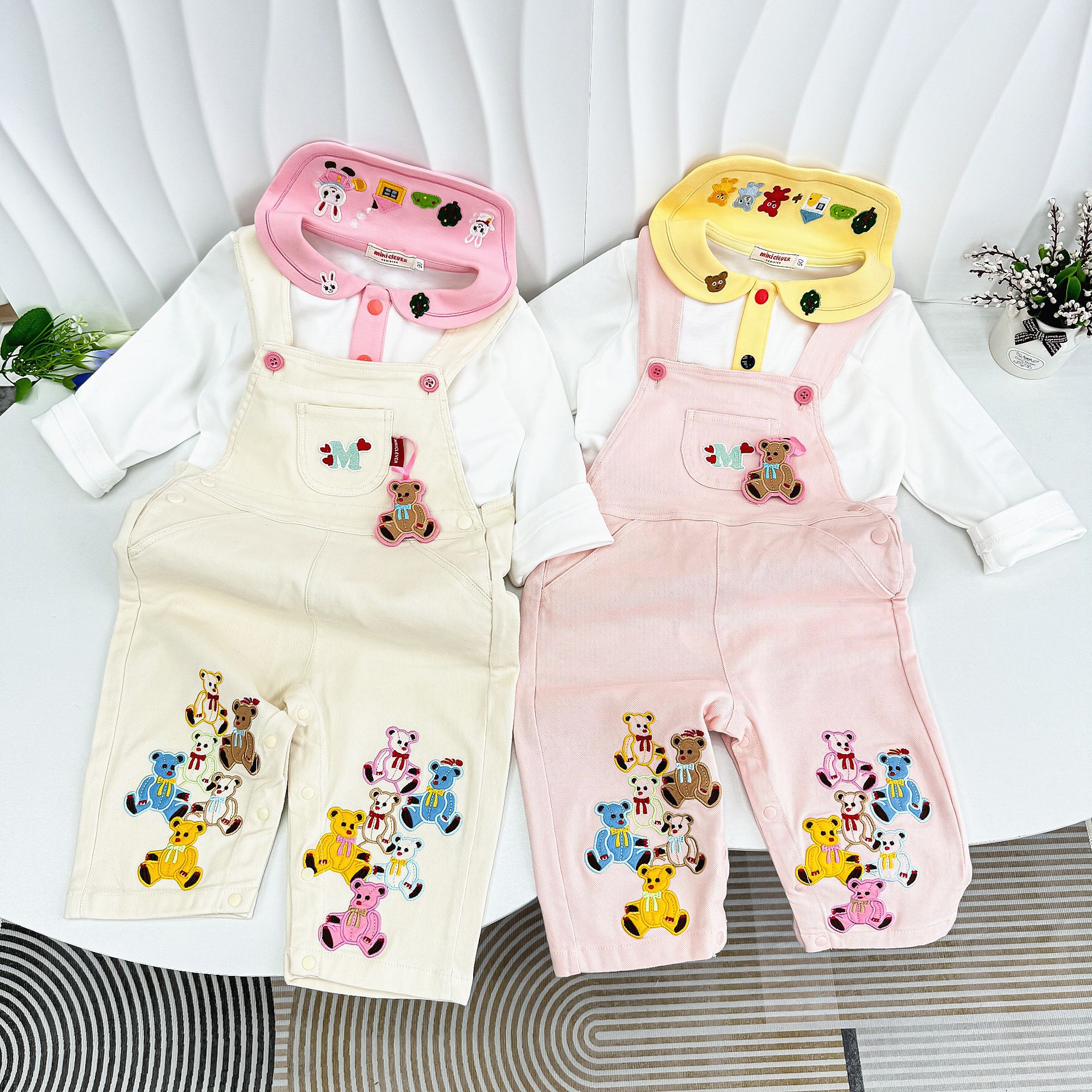 现货热卖款24秋季新款miki童装重工刺绣五彩小熊梭织棉背带裤5028