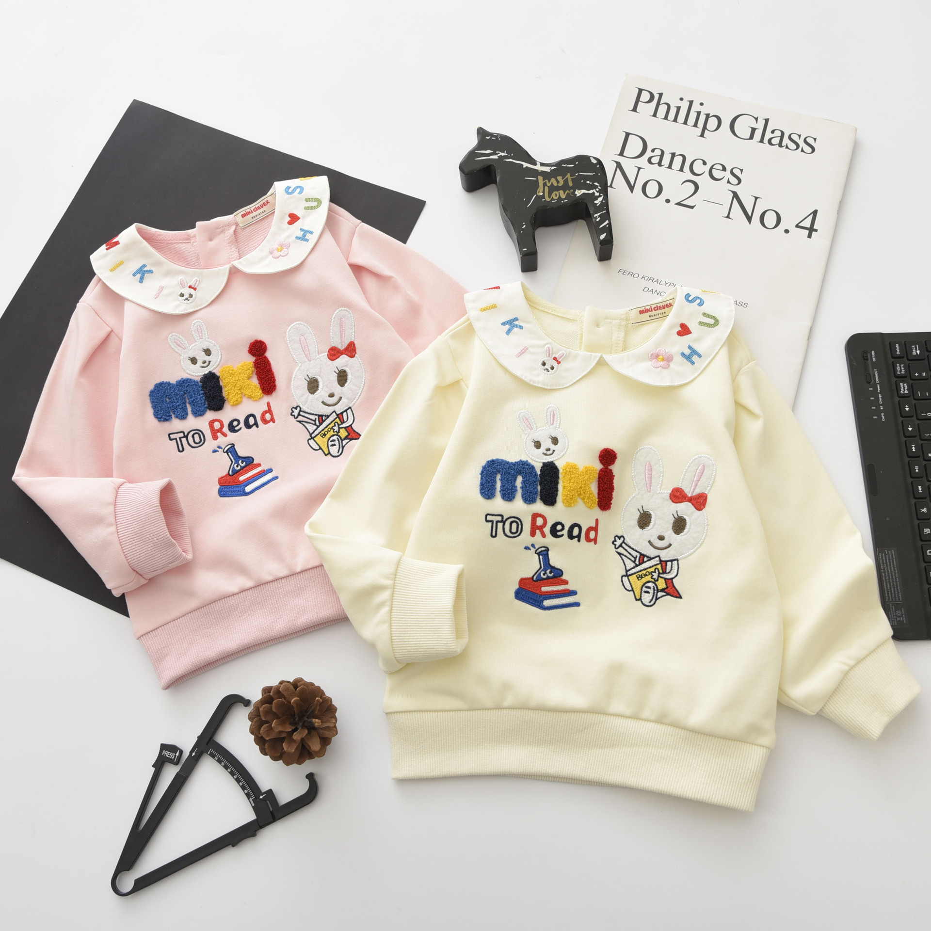 即墨童装24春季新品女童装日系卡通读书小兔翻领长袖T恤3178