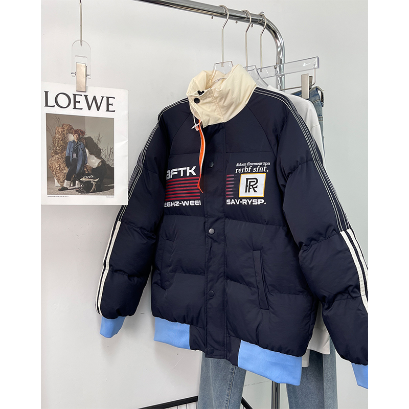 拼接撞色条纹加厚棉服女冬季新款复古oversize慵懒风保暖棉衣外套