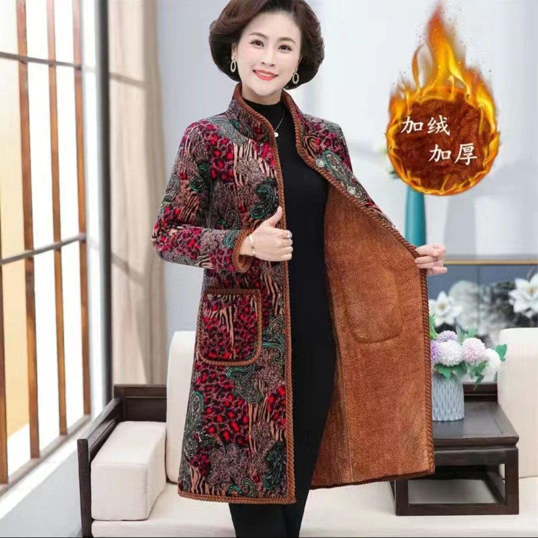 2025冬季新款时尚洋气妈妈装加绒加厚立领长款棉衣棉服保暖女外套