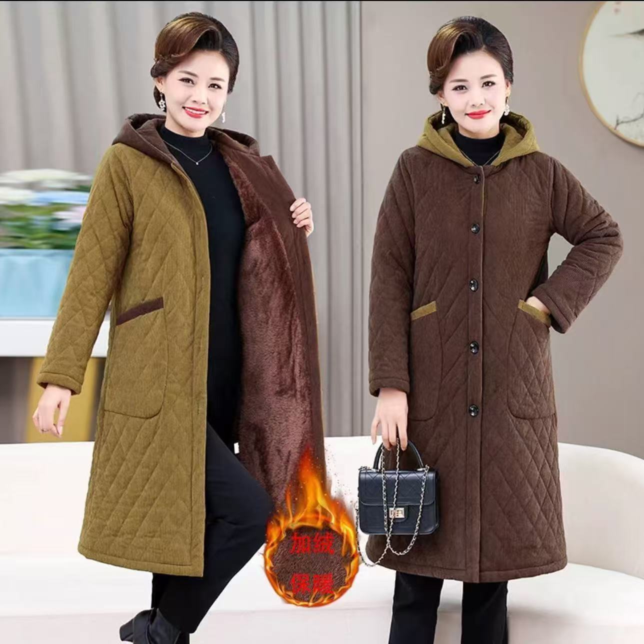 冬季时尚妈妈装长款棉衣加绒加厚外套保暖中老年连帽纯色特厚棉袄