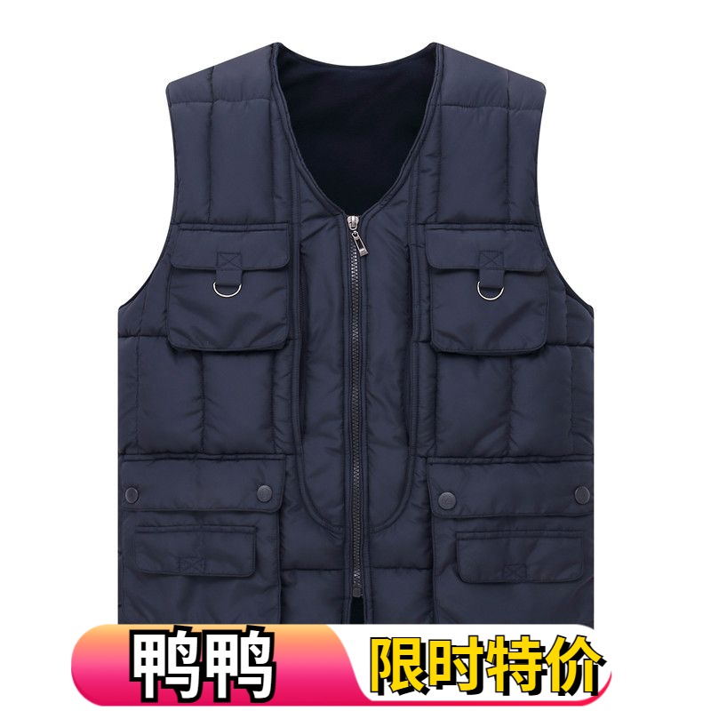鸭鸭冬季新品多口袋羽绒服马甲男加绒加厚中老年装坎肩爸爸装多兜