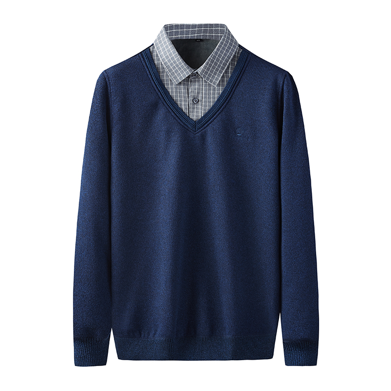 大码男士秋冬商务休闲长袖领假两件针织打底保暖春秋中老年衬衫领