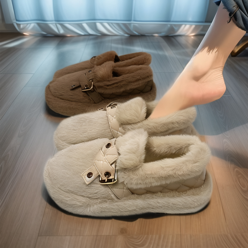 【兔毛绒】厚底棉鞋女秋冬季外穿2024新款一脚蹬高级感毛毛鞋豆豆鞋
