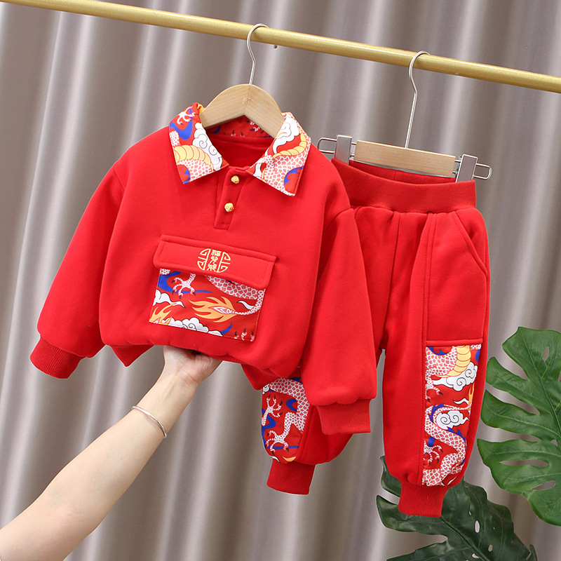 儿童新年唐装新款宝宝抓周岁礼服套装男童喜庆拜年服卫衣两件套潮