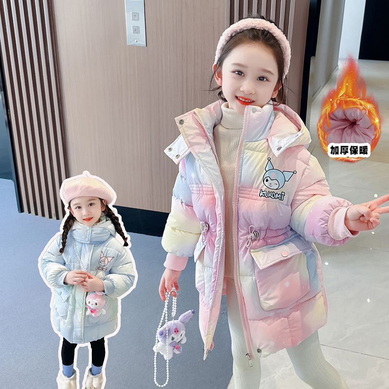 女童棉衣加厚棉服冬款新款洋气女宝宝冬季中长款连帽保暖炫彩棉服