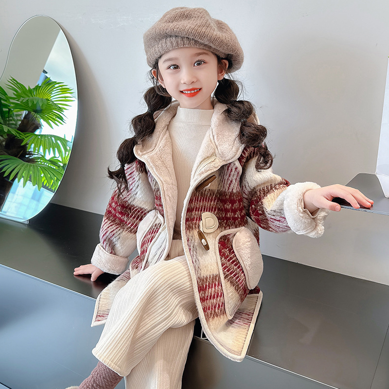 女童秋冬装加绒毛呢大衣2023新款儿童中长款外套女孩冬装连帽上衣