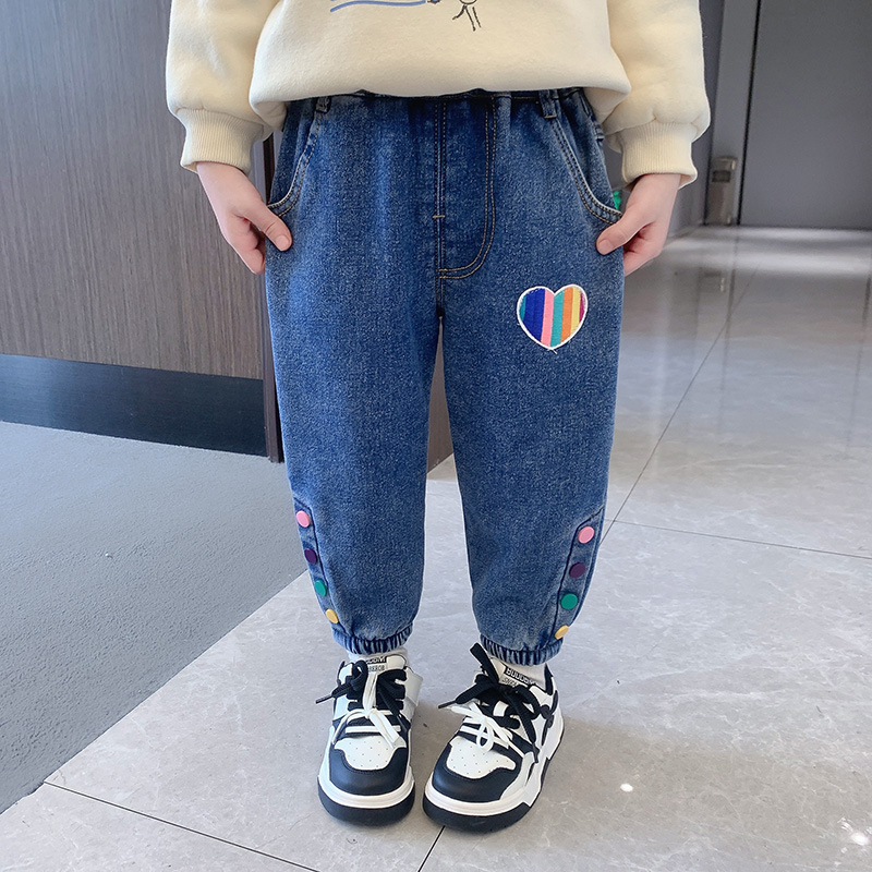 女童加绒牛仔裤一体绒宽松儿童装冬季洋气女宝宝秋冬外穿加厚裤子