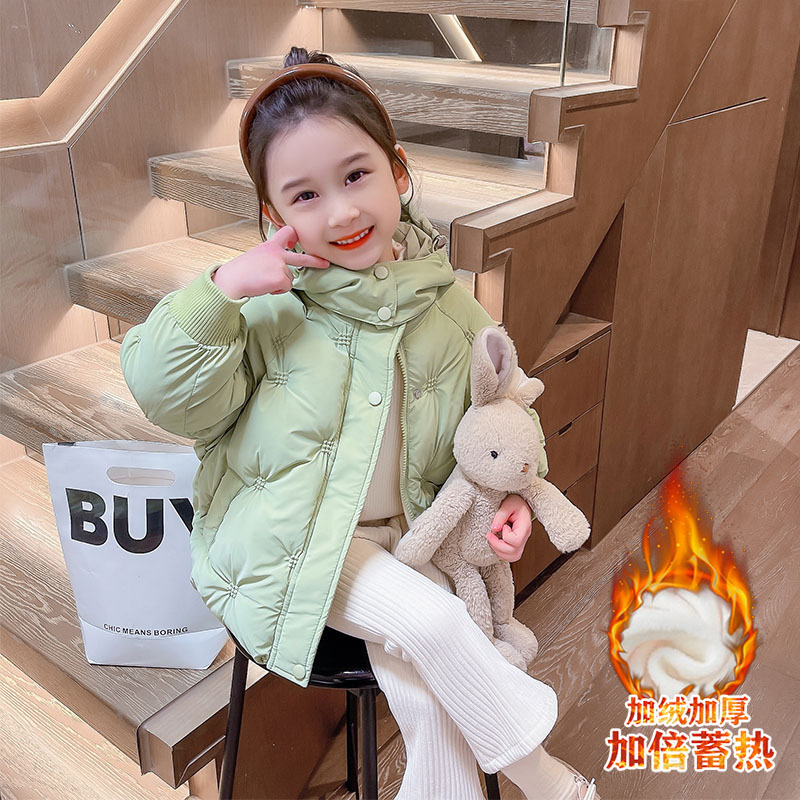 女童连帽棉服冬装新款洋气加绒加厚棉袄冬季棉内胆中长绣花棉衣潮