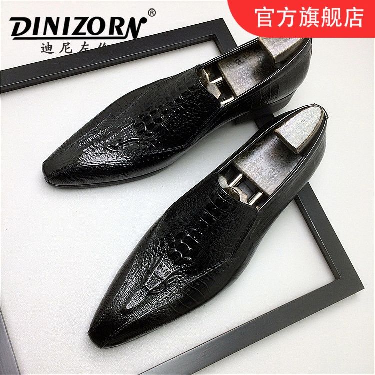 迪尼百搭夏季左伦时尚潮流小尖头皮鞋男士鳄鱼纹压花鞋子商务休闲