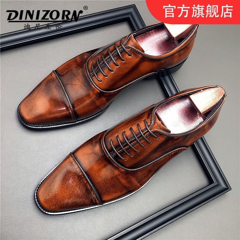 新款休闲男士头层牛皮开边珠亮皮商务正装皮鞋三接头手工擦色鞋
