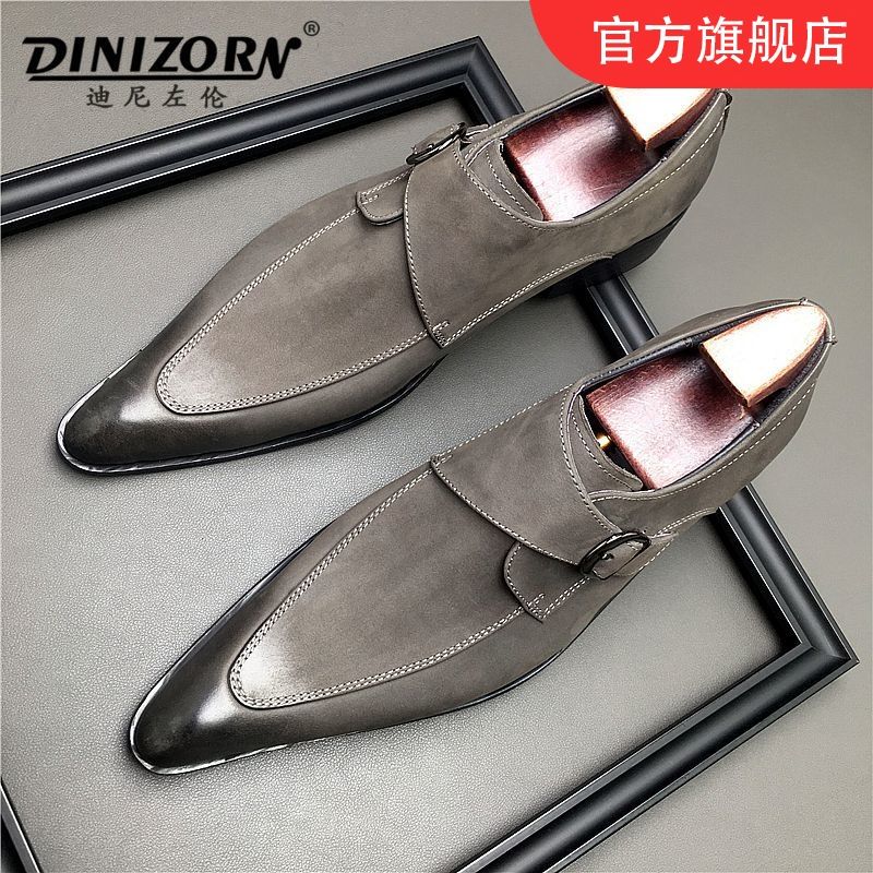 高档男士演出礼服鞋头层磨砂牛皮英伦尖头皮鞋真皮反绒擦色复古鞋