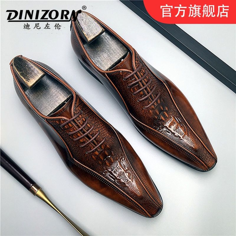 新款男士头层开边珠牛皮英伦尖头西装皮鞋男真皮亮面发型师牛津鞋