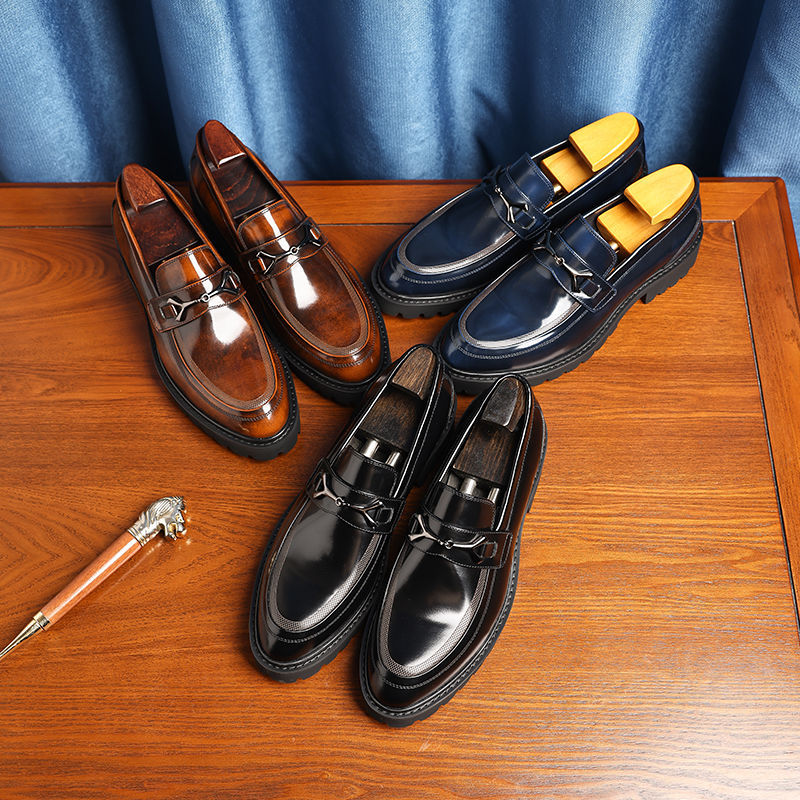迪尼左伦真皮亮面商务休闲透气马衔扣橡胶发泡厚底防滑耐磨乐福鞋