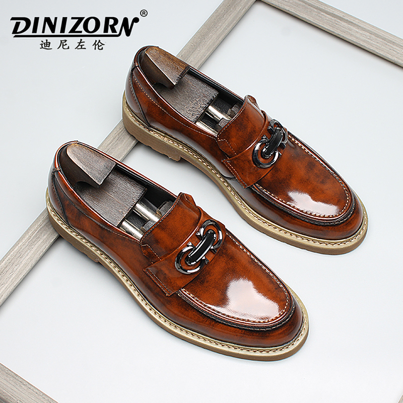 迪尼左伦新款进口纯手工擦色厚底商务真皮亮面一脚蹬豆豆乐福皮鞋