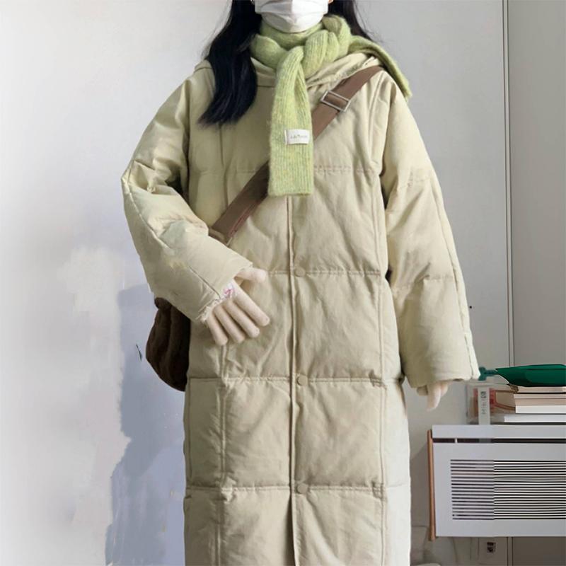 休闲潮流韩版保暖过膝秋冬连帽复古韩系小众羽绒棉服女2023年棉衣