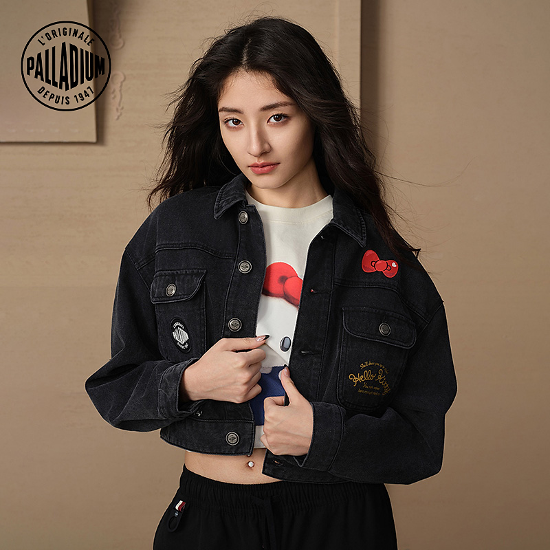 【HelloKitty系列】帕拉丁春季女翻领衬衫长袖印花牛仔外套1910267