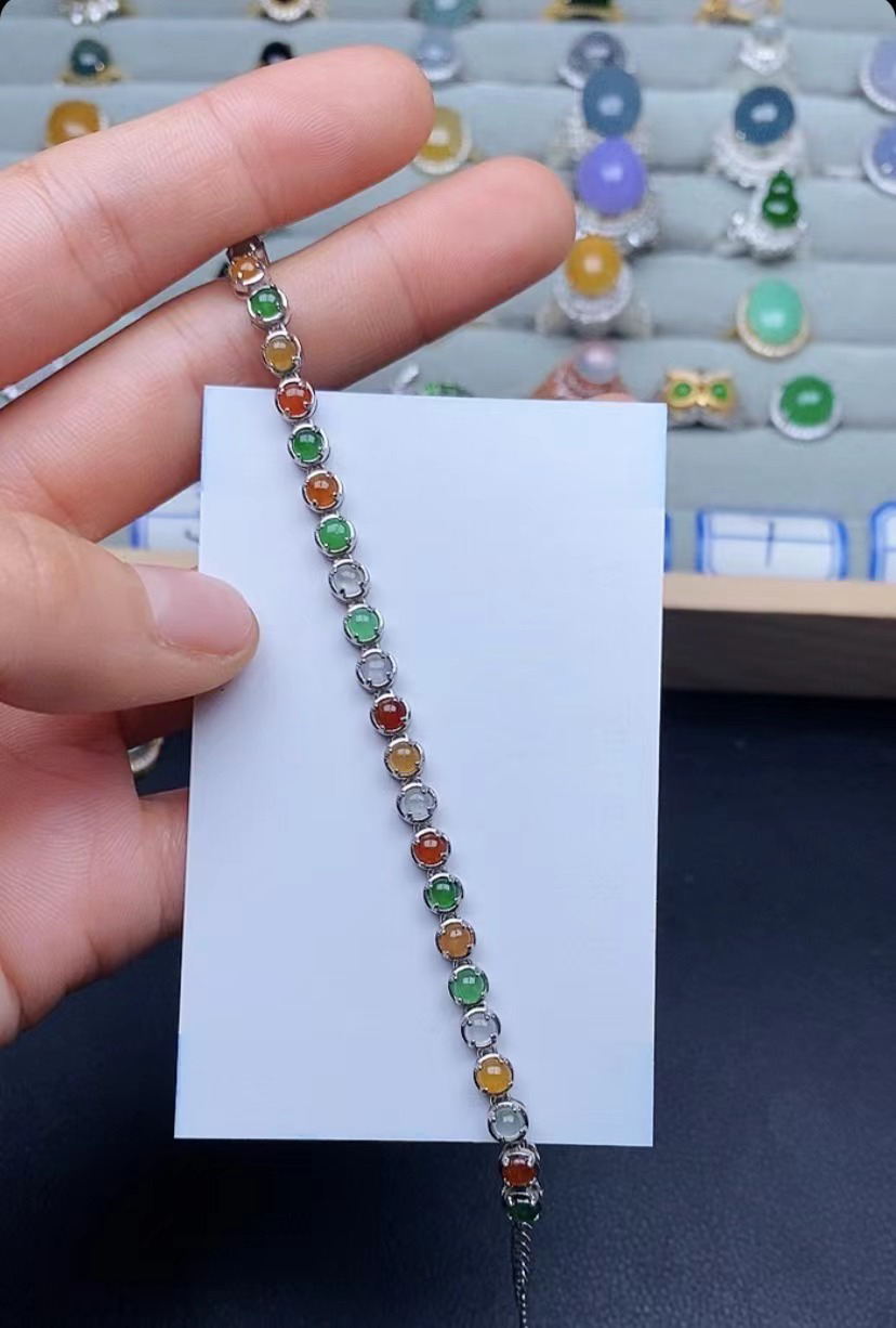 天然翡翠A货银925镶嵌多宝手链