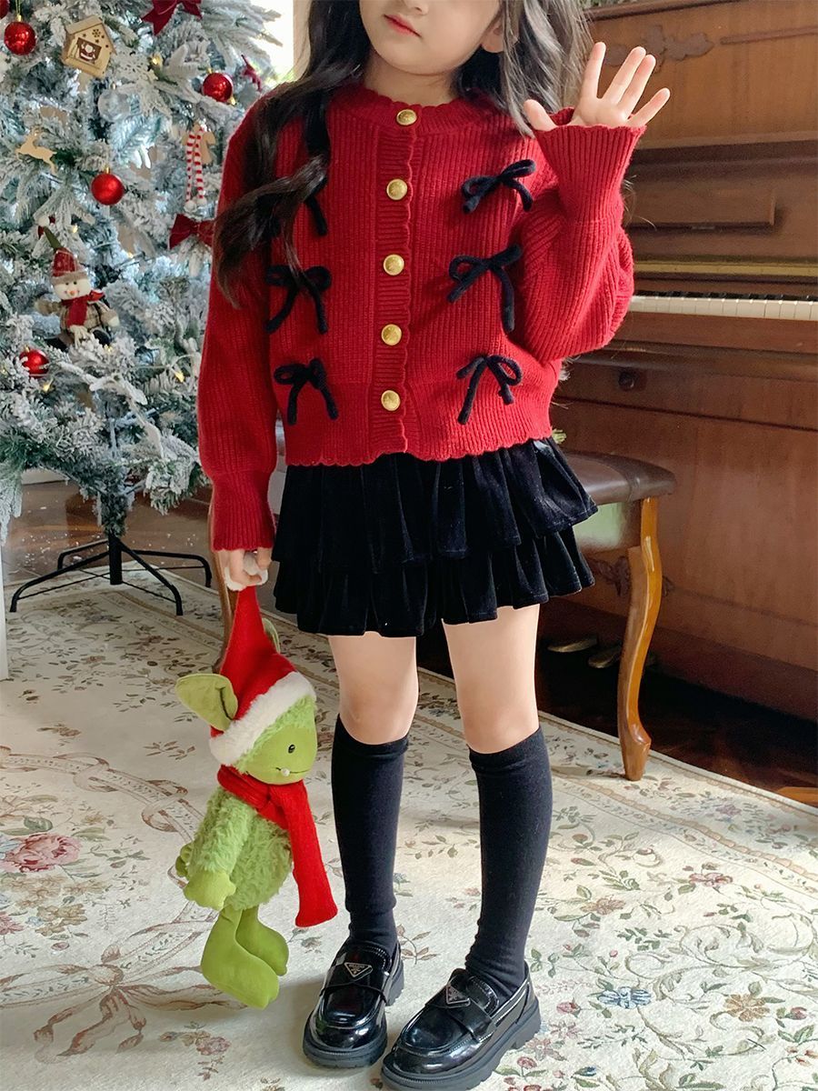 韩版女童毛衣2023秋冬季新款宝宝红色蝴蝶结针织开衫儿童两件套装