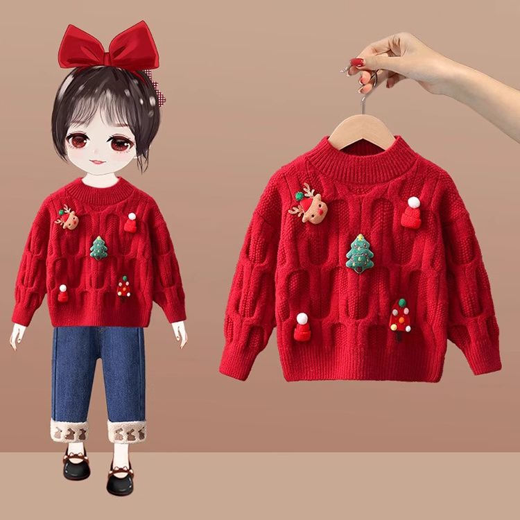 【小扬哥推荐】2023新款女童毛衣秋冬洋气儿童冬装女宝宝红色圣诞