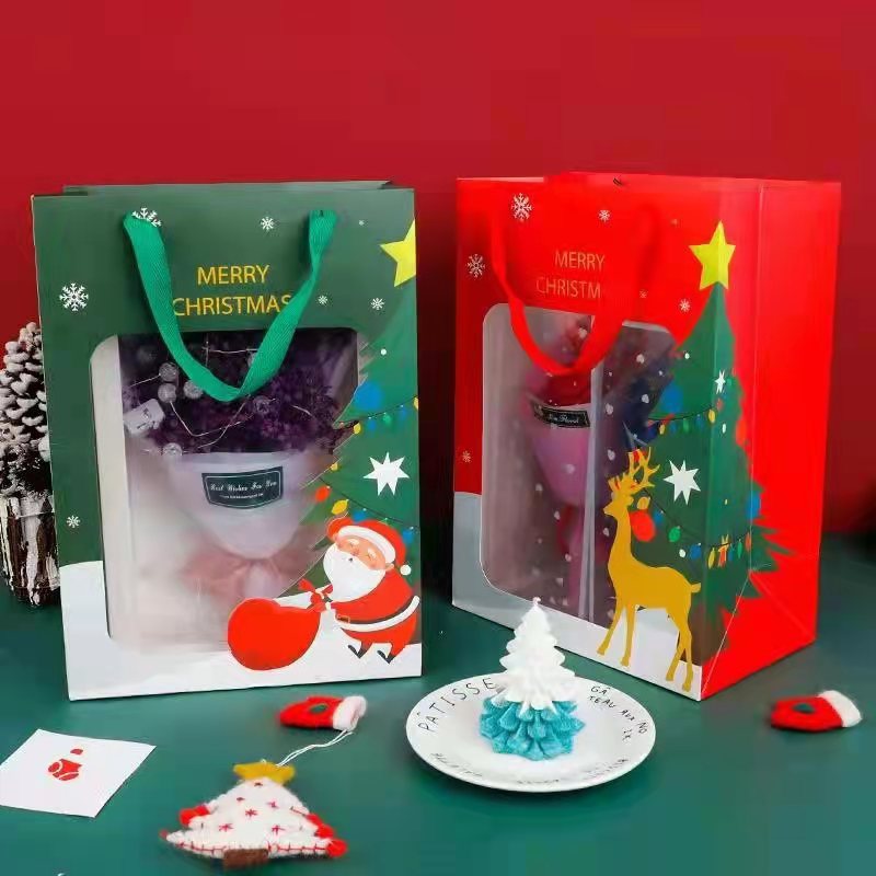 圣诞节礼品袋开窗圣诞橱窗袋送礼回礼手提纸袋平安夜苹果包装袋子
