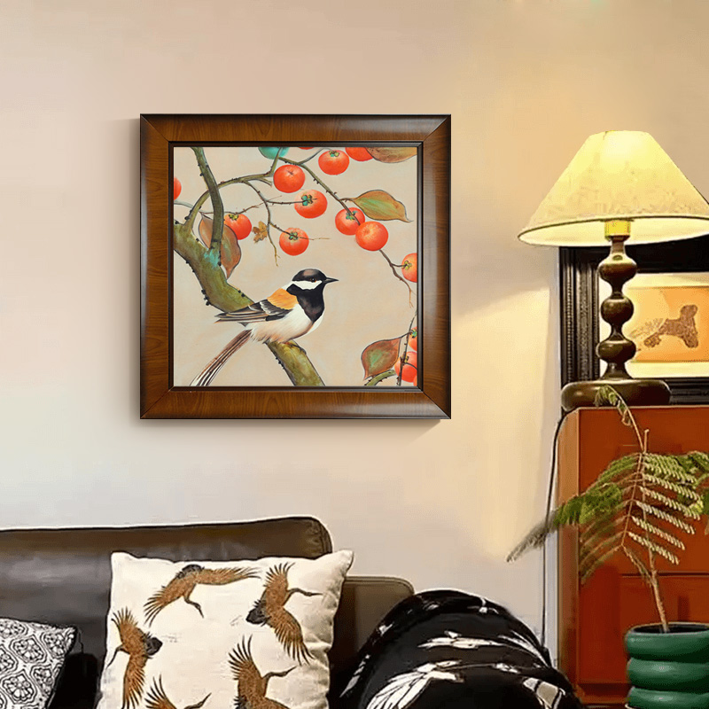 u作【喜柿连连】中古风装饰画玄关餐厅客厅挂画新中式手工油画柿子