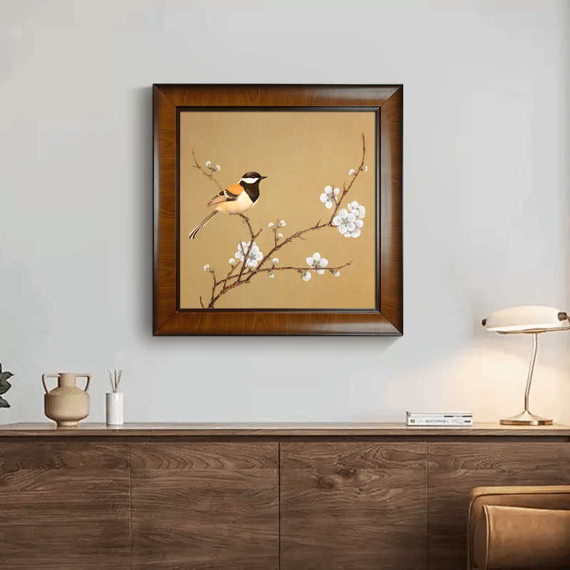 u作【喜上眉梢】中古风装饰画手工手绘油画餐厅玄关挂画新中式花鸟