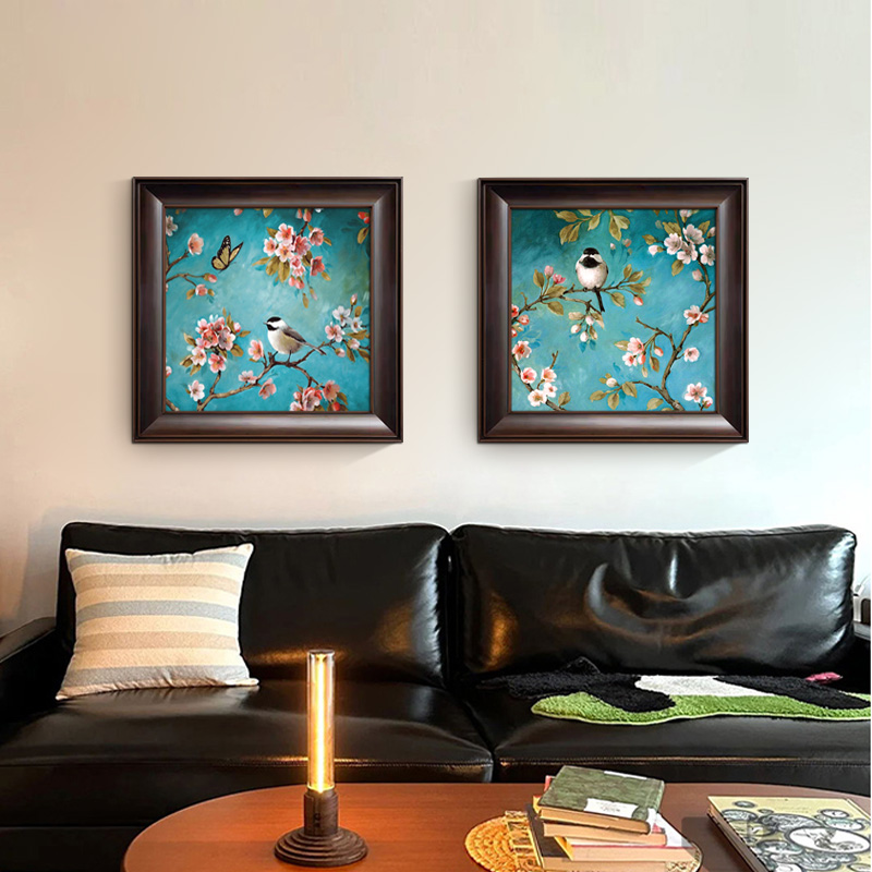u作【桃雀双双】手工油画花鸟花卉客厅玄关餐厅装饰画中古风新中式