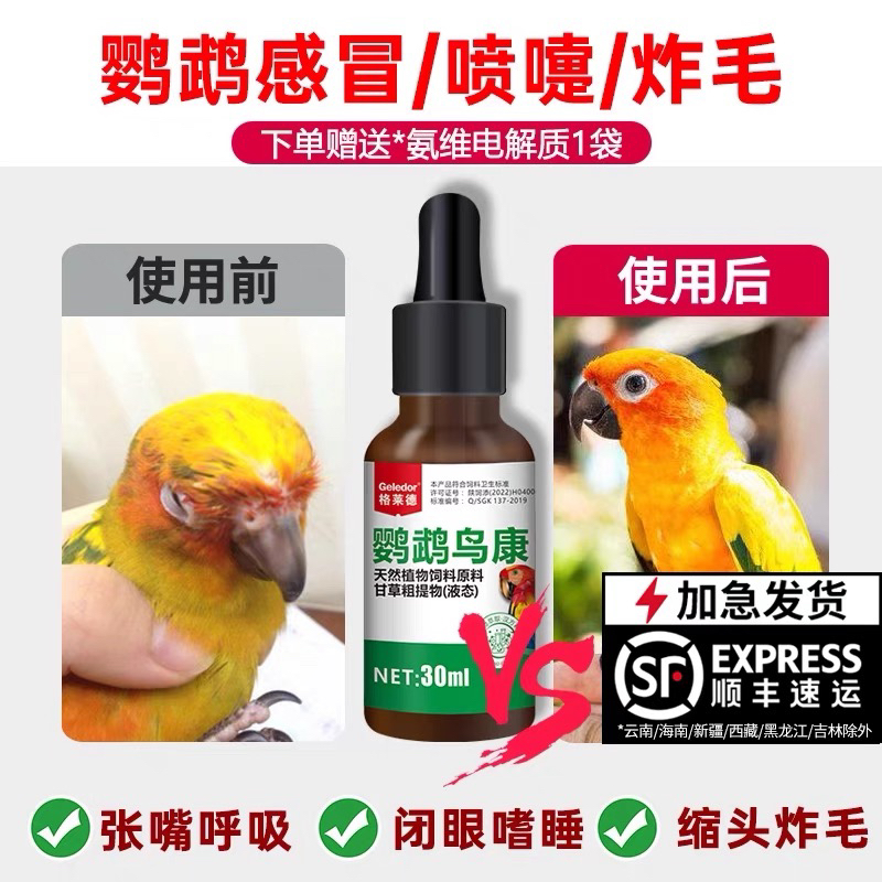 格莱德鹦鹉感冒灵小鸟炸毛咳嗽喘气肿眼喷嚏流泪专用调理