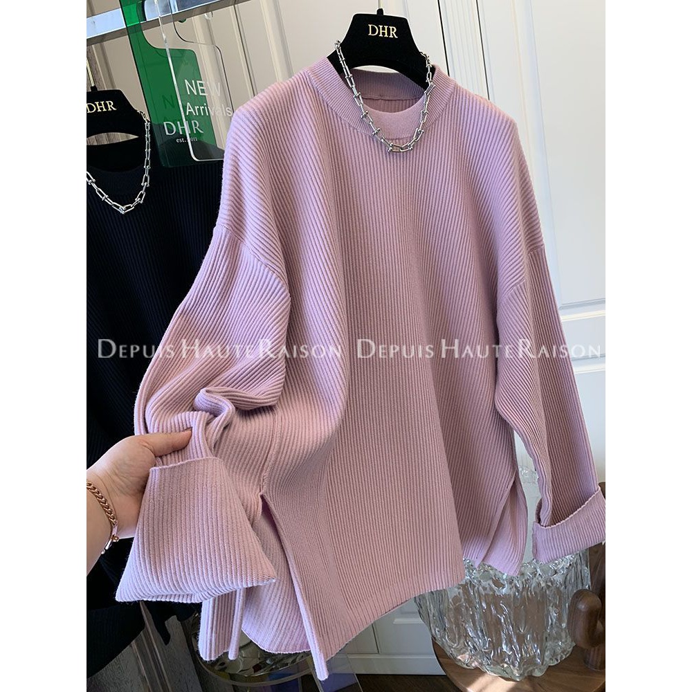 胖mm240斤大码坑条卷袖针织毛衣打底衫女秋冬休闲遮肉宽松针织衫