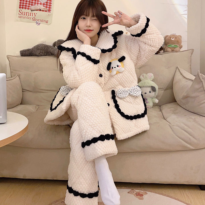 珊瑚绒睡衣女秋冬季三层夹棉加厚加绒新款保暖棉袄甜美家居服套装