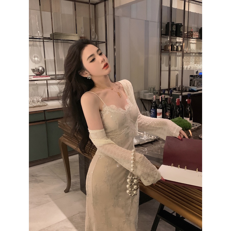 【邱肉瑶清】「流光浮动」春季新款亮片蕾丝吊带连衣裙修身显瘦