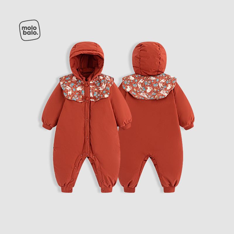 麦拉贝拉婴儿羽绒连体衣女宝宝爬服冬季外出连帽保暖红色国风盘扣