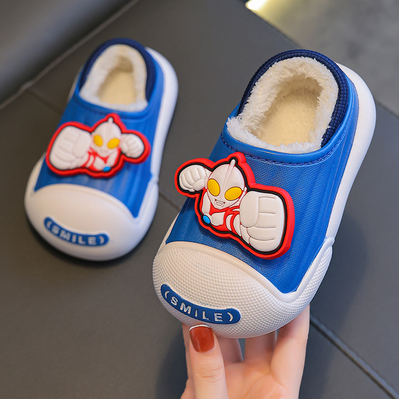 奥特曼冬季儿童棉拖鞋男女童卡通PU皮防水居家包跟女小孩宝宝棉鞋