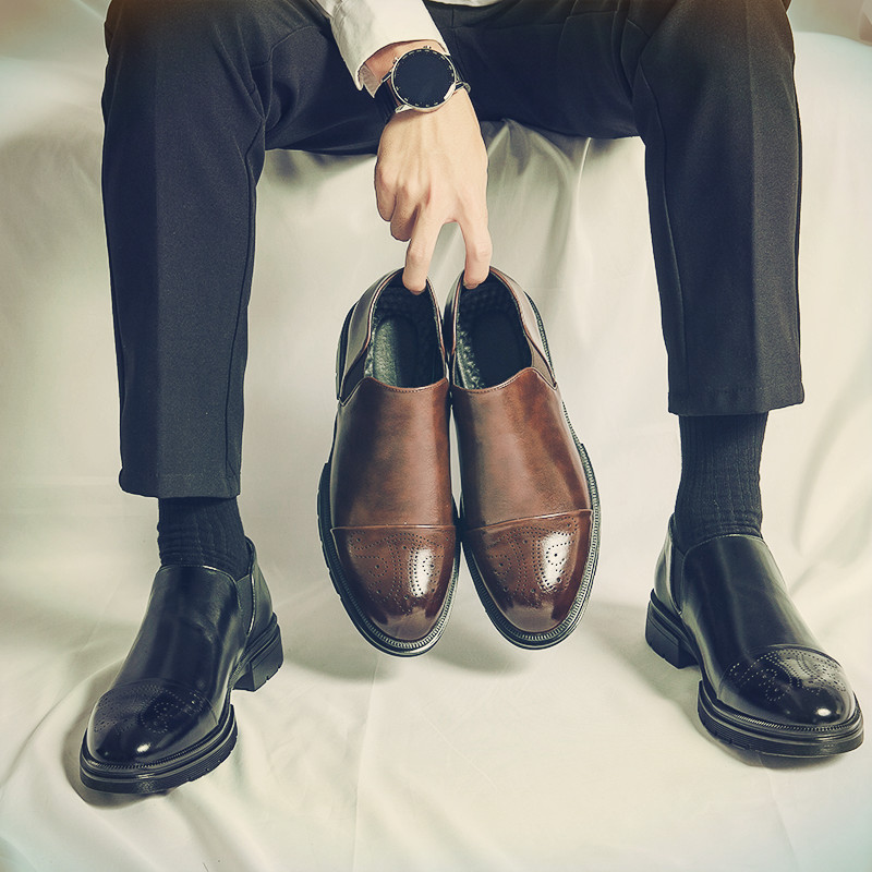 NY韩版商务正装皮鞋男士秋冬季懒人一脚蹬乐福鞋软底新郎结婚鞋子
