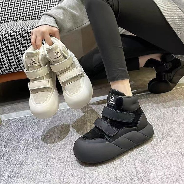 魔术贴面包休闲板鞋丑萌娃娃头加绒高帮鞋女2023冬季新款厚底女鞋