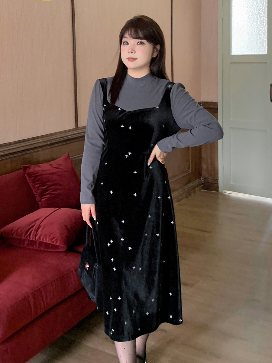 DY大码女装秋冬新款法式撞色拼接丝绒假两件连衣裙六芒星