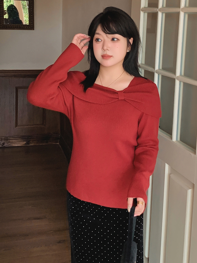 DY大码女装秋冬设计感一字肩蝴蝶结针织上衣