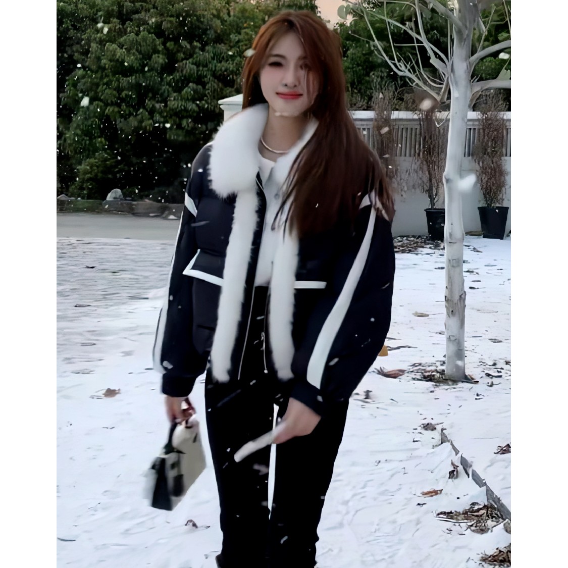 韩系黑色短款棉服女冬季新款时尚小众百搭拼接毛领加厚保暖外套