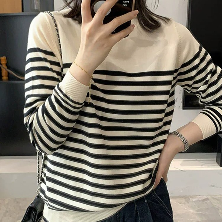 时尚洋气圆领条纹套头上衣慵懒风高级感针织衫2023年冬季新款女装