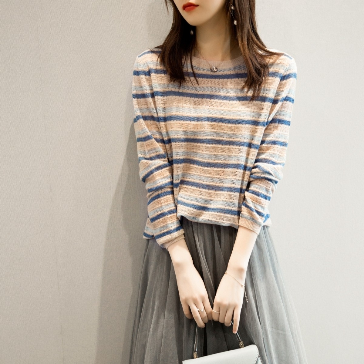 宽松条纹套头针织衫毛衣显瘦温柔香风撞色圆领上衣2023冬季新款女