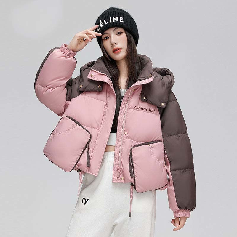 波司澄2023白鸭绒新款短款羽绒服女设计感连帽撞色小个子大口袋宽