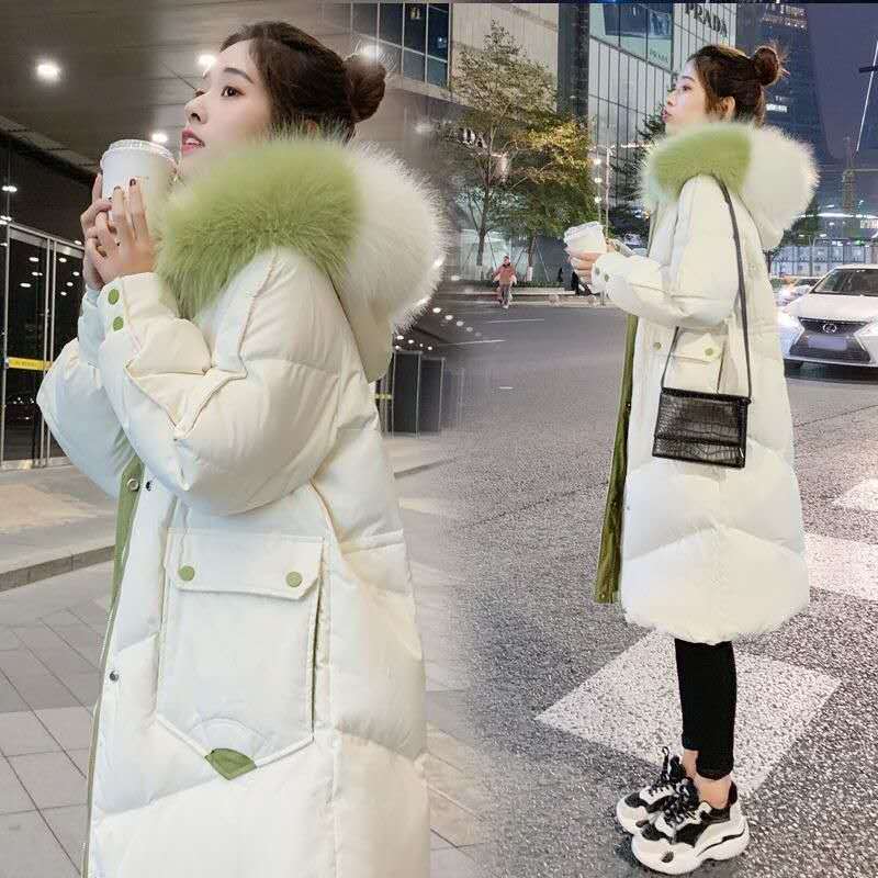 波司澄羽绒服2023新款女中长款冬装加厚袄韩版宽松撞色大毛领外套