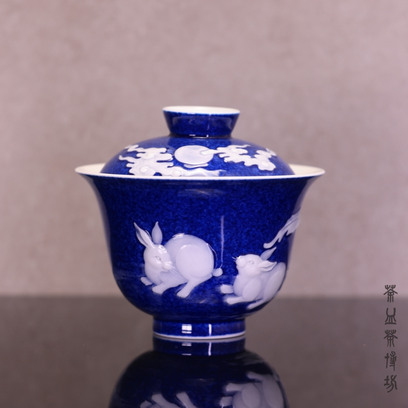 初蓝舍玉兔盖碗陶瓷纯手工中式复古瓷盖碗