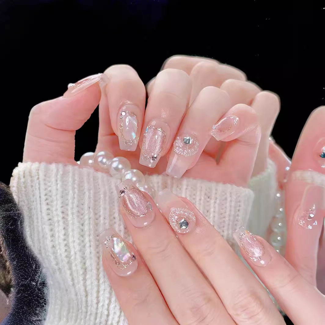 【索马里海】纯手工穿戴甲高级短梯春夏晶石猫眼贝壳小红书轻奢美甲