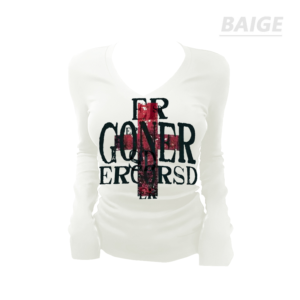 BAIGE显瘦V领长袖百搭个性红十字英文印花纯欲性感修身辣妹上衣潮