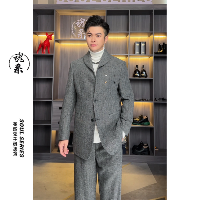 [魂系]冬季羊毛西裤男士轻奢休闲时尚西装三粒扣设计感毛呢灰色