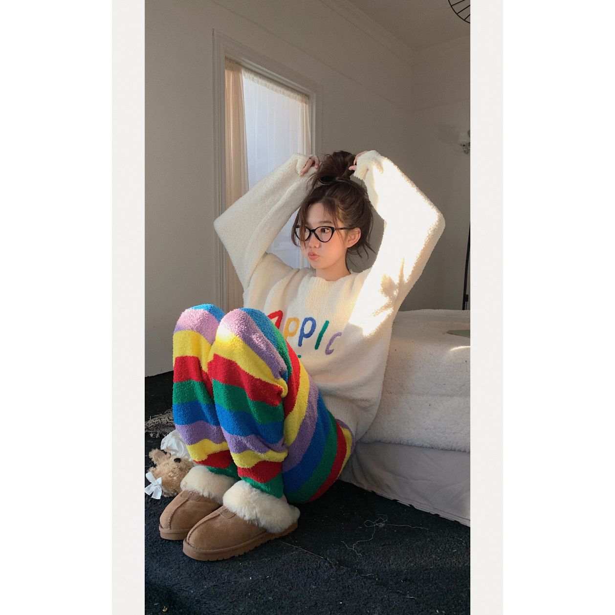 可爱baby港味彩色字母睡衣套装女秋冬软糯可外穿家居服韩版彩虹睡