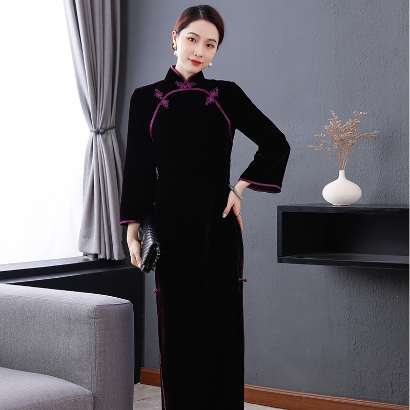 三重门一恋倾城*丝绒修身旗袍长款民国风秋冬新款中式老上海双襟